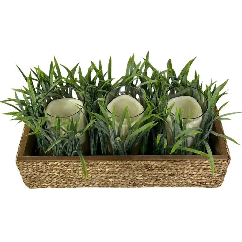 HomeGoods Faux Liriope Triple Candle Wicker Basket Decor